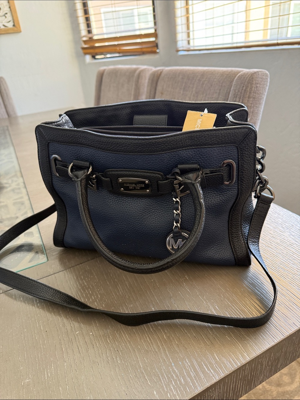 Michael Kors Navy and Black Pebbled Leather Satchel with MK Charm